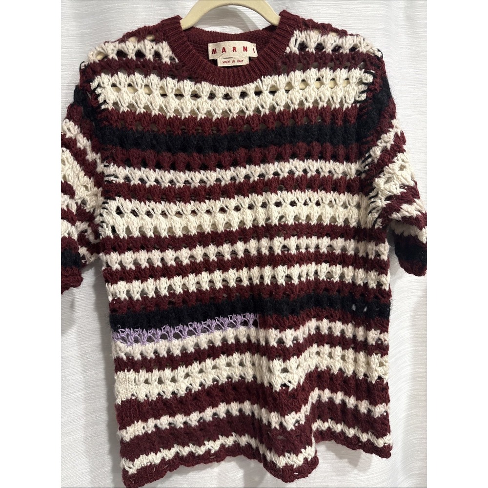Marni Logo Knit Sweater Multicolor Striped Wool Blend ShortSleeve Pullover XL